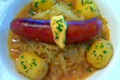 Apple Cider Braised Smoked Chicken Sausage Cabbage And Potato Stew